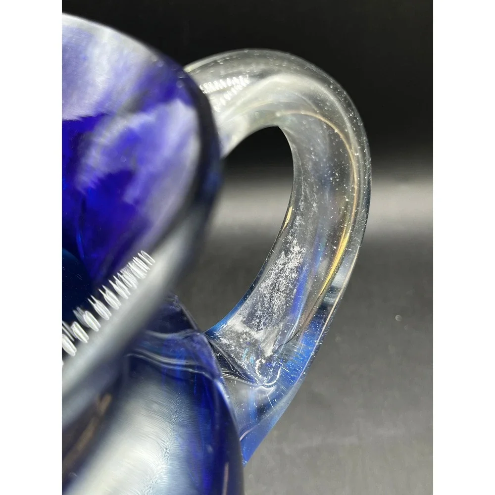 Vtg Cobalt Blue Hand Blown Glass Pitcher Clear Handle 9.25